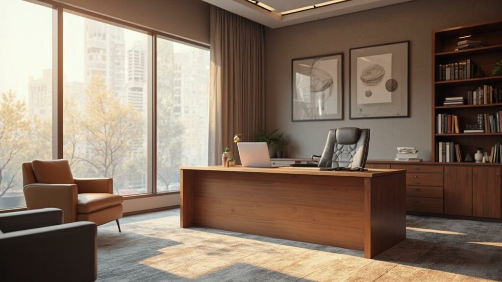 Un bureau moderne et lumineux avec meuble en bois et chaise de bureau.