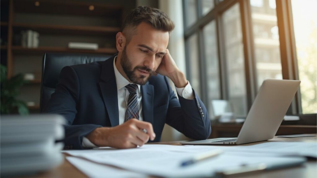 Homme d'affaires en costume travaillant sur un ordinateur portable dans un bureau