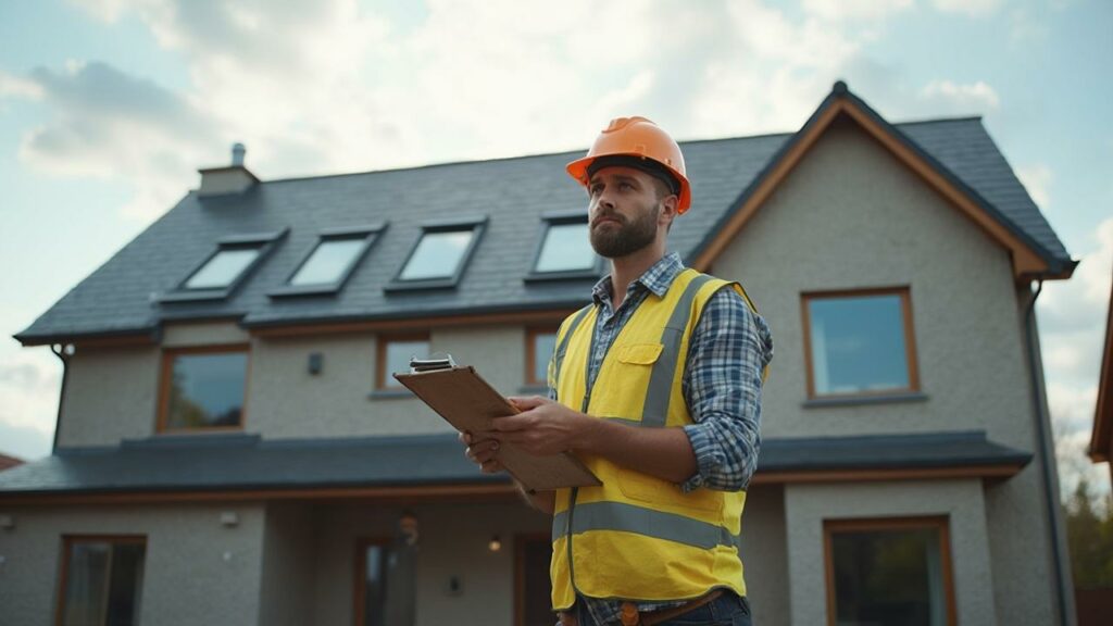 Un ouvrier portant un casque de sécurité jaune inspecte un chantier de construction.